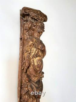 Très ancien Personnage Noyer Sculpté Doré Terme XVIe Siècle 61 cm Elément Meuble