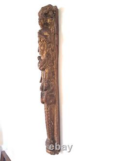 Très ancien Personnage Noyer Sculpté Doré Terme XVIe Siècle 61 cm Elément Meuble