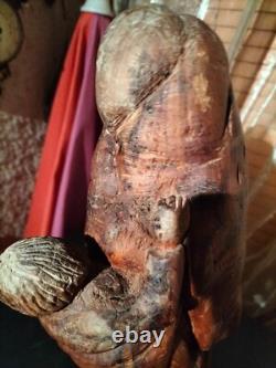 Très ancienne statue en bois femme a l'enfant /sculpture haute époque collection