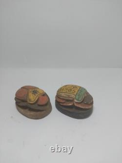 UNIQUE ANCIENNE STATUE EGYPTIENNE pierre petite sculpture sculptée 2 scarabée