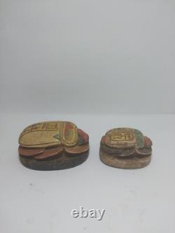 UNIQUE ANCIENNE STATUE EGYPTIENNE pierre petite sculpture sculptée 2 scarabée