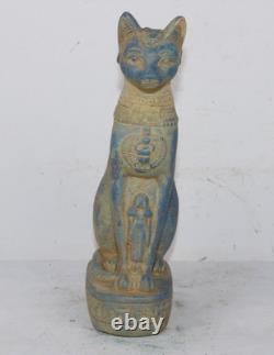 UNIQUE CHAT BASTET PHARAONIQUE ANCIEN ÉGYPTIEN FAIT MAIN avec statue d'Isis