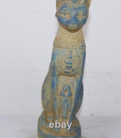 UNIQUE CHAT BASTET PHARAONIQUE ANCIEN ÉGYPTIEN FAIT MAIN avec statue d'Isis