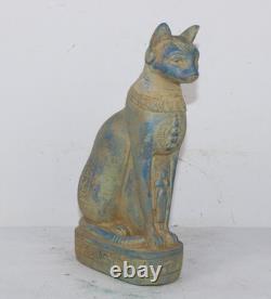 UNIQUE CHAT BASTET PHARAONIQUE ANCIEN ÉGYPTIEN FAIT MAIN avec statue d'Isis