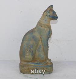 UNIQUE CHAT BASTET PHARAONIQUE ANCIEN ÉGYPTIEN FAIT MAIN avec statue d'Isis