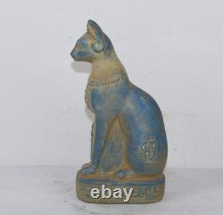 UNIQUE CHAT BASTET PHARAONIQUE ANCIEN ÉGYPTIEN FAIT MAIN avec statue d'Isis