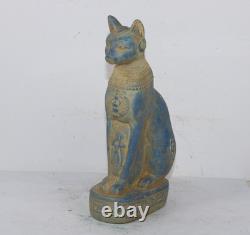 UNIQUE CHAT BASTET PHARAONIQUE ANCIEN ÉGYPTIEN FAIT MAIN avec statue d'Isis